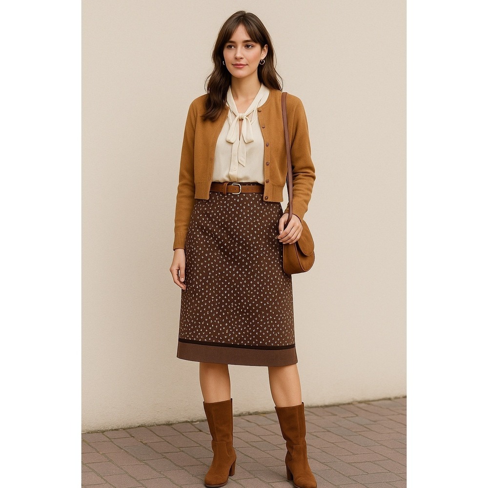 Tracy Reese Brown Polka Dot Wool Silk Blend Straight Skirt Women's Size 8